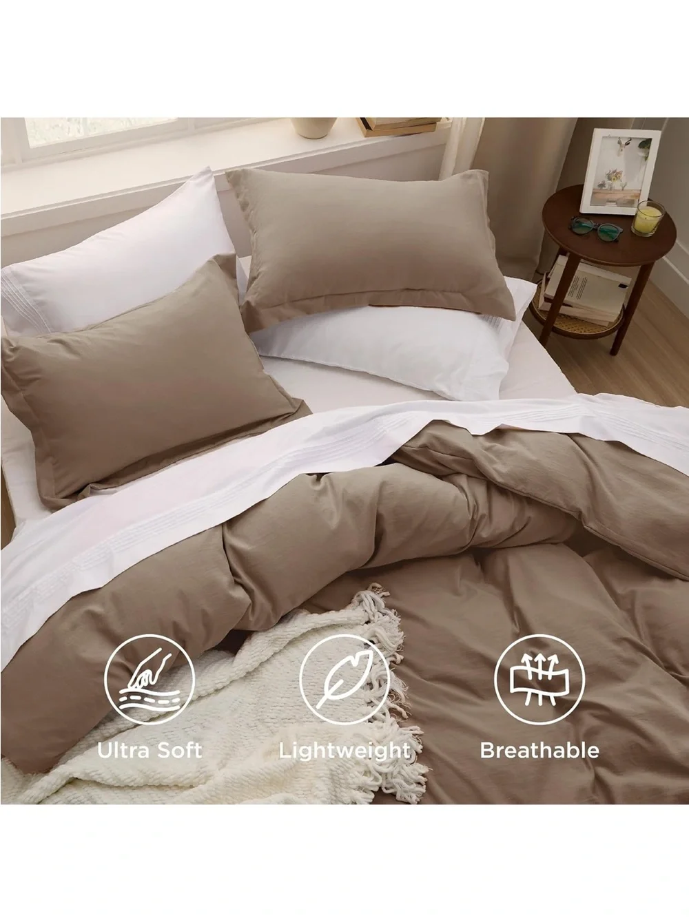 NEW Bedsure Prewashed Duvet Cover King, Cotton-Like Soft Bedding Set, Brown
